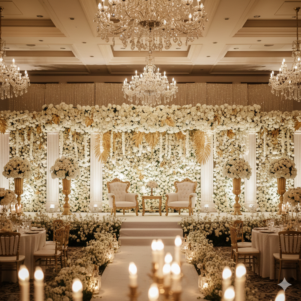 Pelaminan modern mewah dekorasi pernikahan Indonesia konsep luxury indoor ballroom