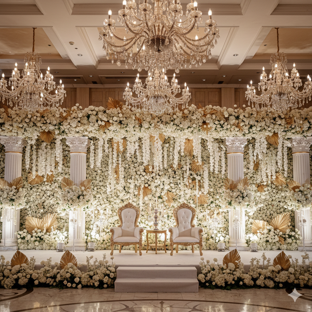 Paket pernikahan modern elegan dengan dekorasi bunga premium dan konsep luxury wedding