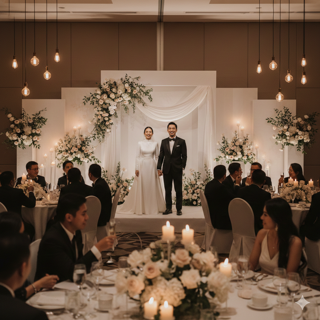 Dekorasi intimate wedding indoor sederhana mewah dengan nuansa hangat dan elegan