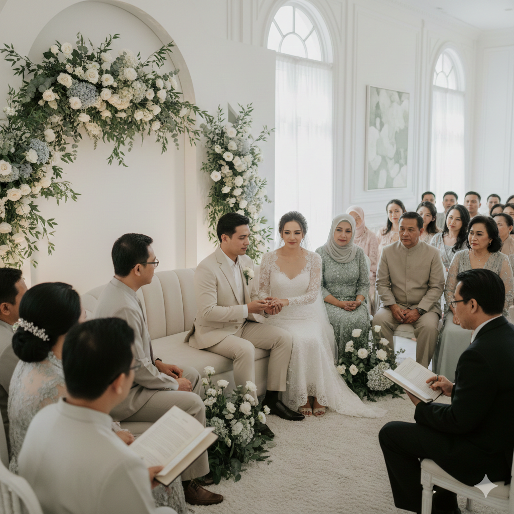 Intimate wedding pengantin Indonesia konsep pernikahan kecil elegan suasana romantis