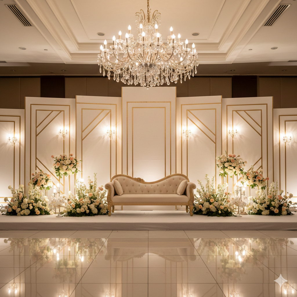 Dekorasi pelaminan elegan bunga putih wedding pengantin Indonesia gaya modern