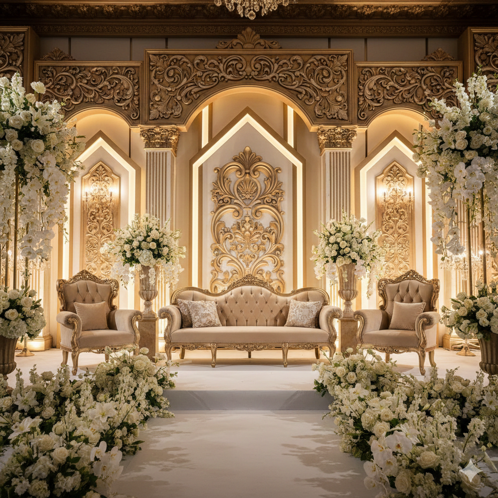 Pelaminan modern mewah dekorasi pernikahan Indonesia konsep luxury indoor ballroom