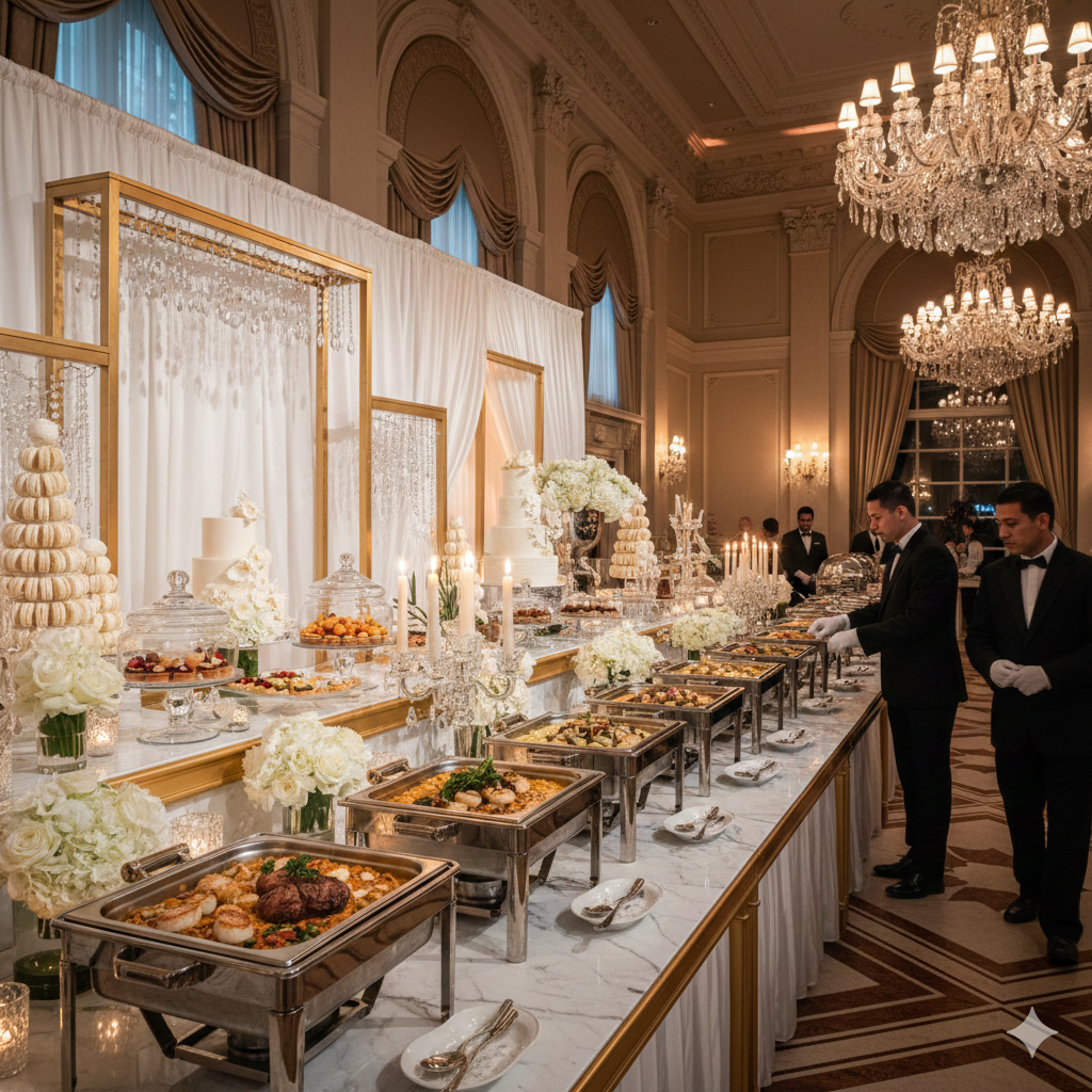 Buffet prasmanan pernikahan dekorasi meja catering elegan konsep wedding modern