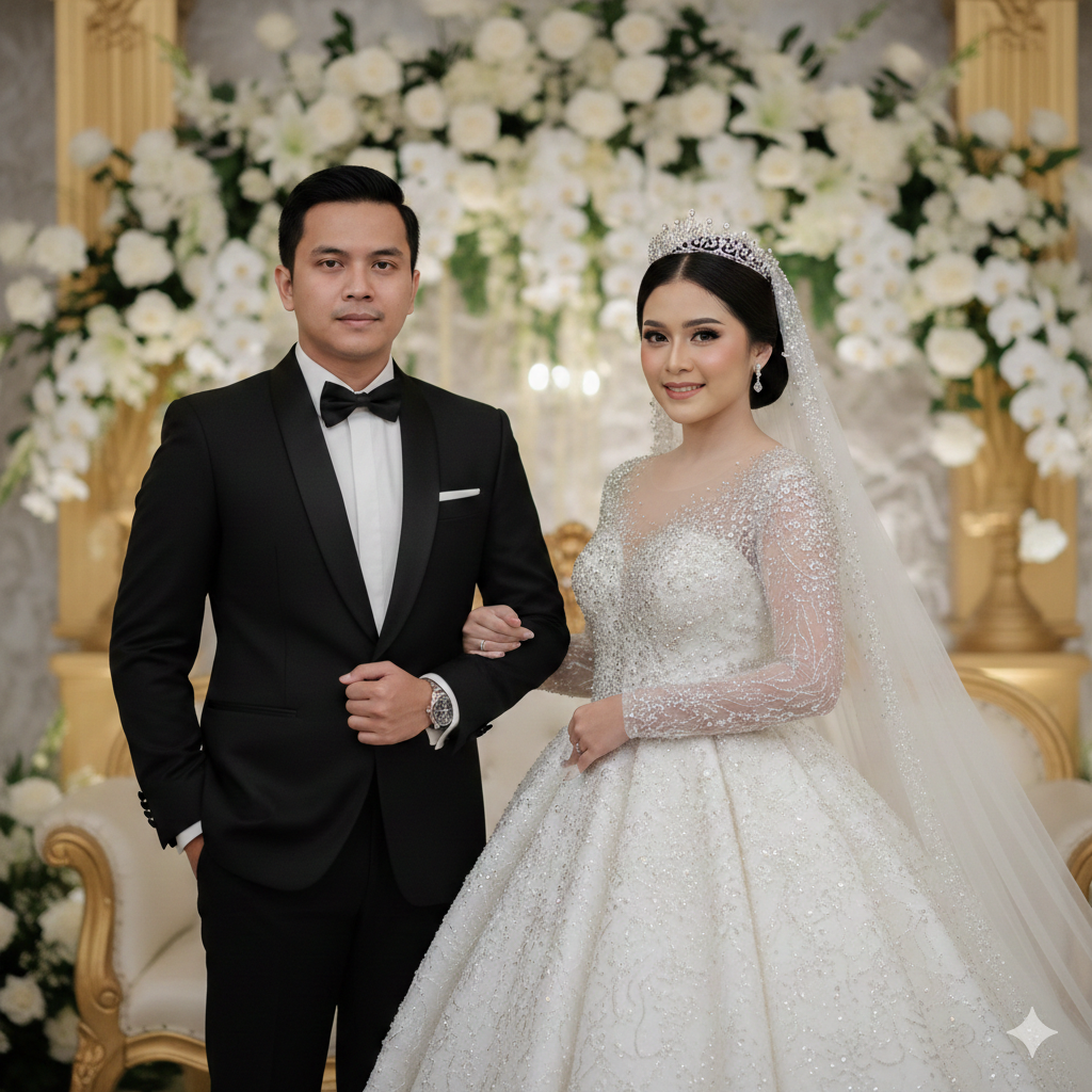 Foto pengantin Indonesia busana wedding elegan dengan konsep pernikahan modern mewah