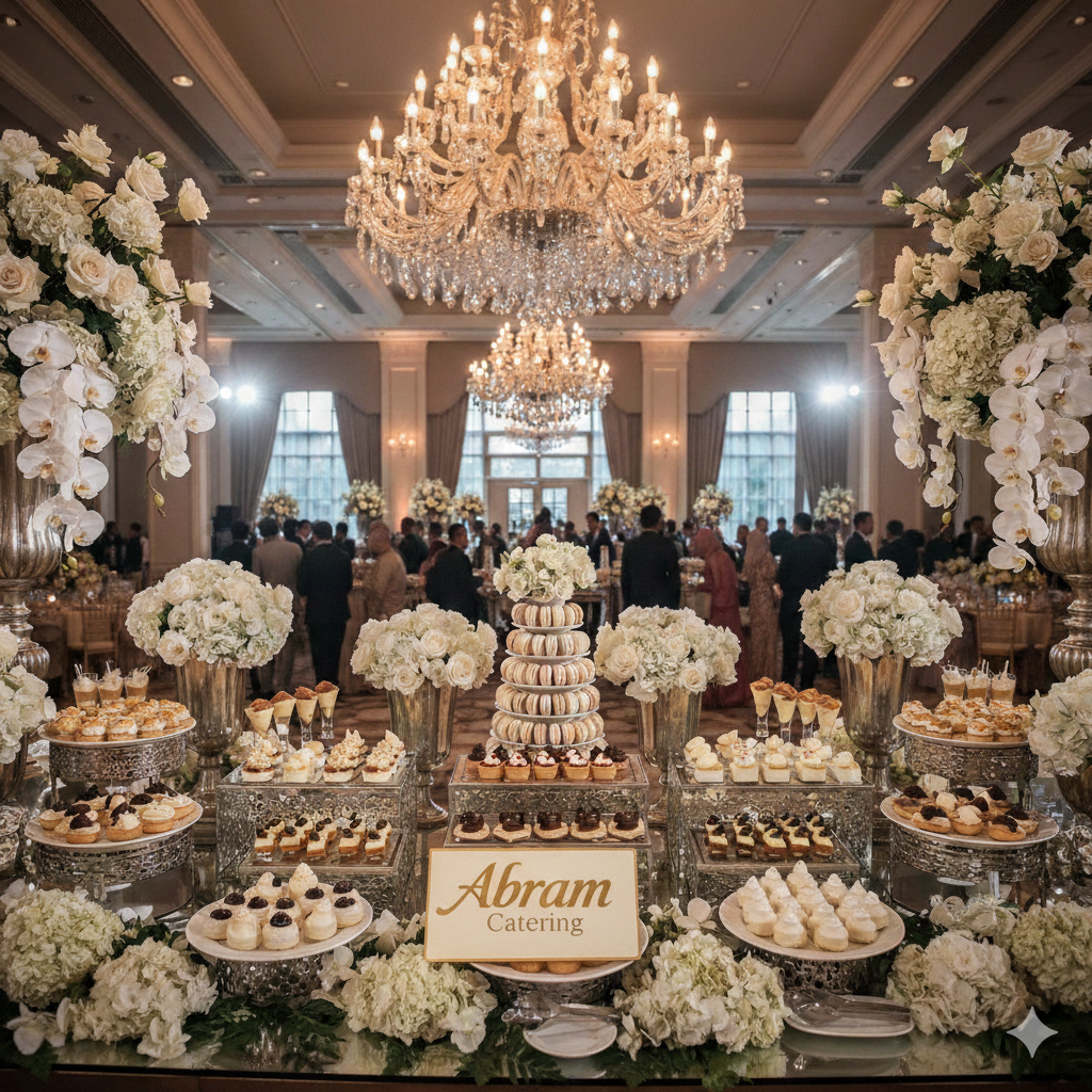 Buffet prasmanan pernikahan dekorasi meja catering elegan konsep wedding modern