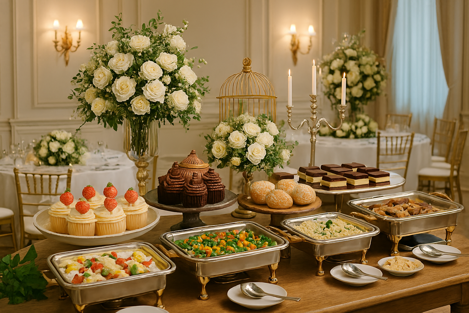 Setup prasmanan catering pernikahan elegan di ballroom Jakarta dengan hidangan lengkap dan dekorasi modern