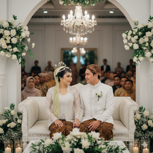 Pengantin pria dan wanita duduk di pelaminan modern luxury dengan dekorasi bunga premium