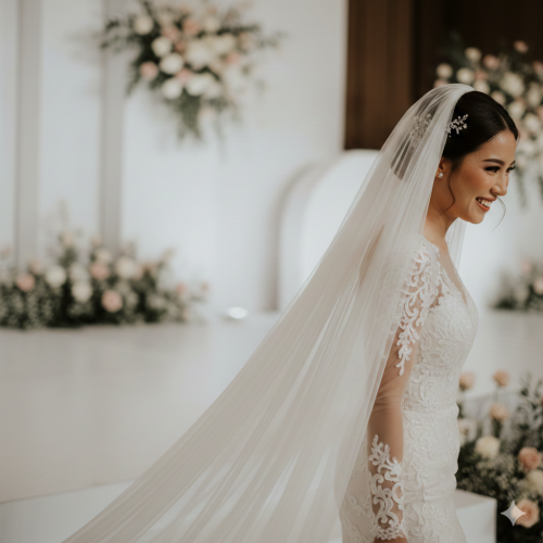 Close up pasangan pengantin Indonesia dengan riasan wedding glam dan busana pengantin elegan
